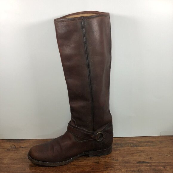 Frye Womens SZ 8B Distressed Harness Buckle Tall Brown Leather Riding Boots 16” - Picture 6 of 11